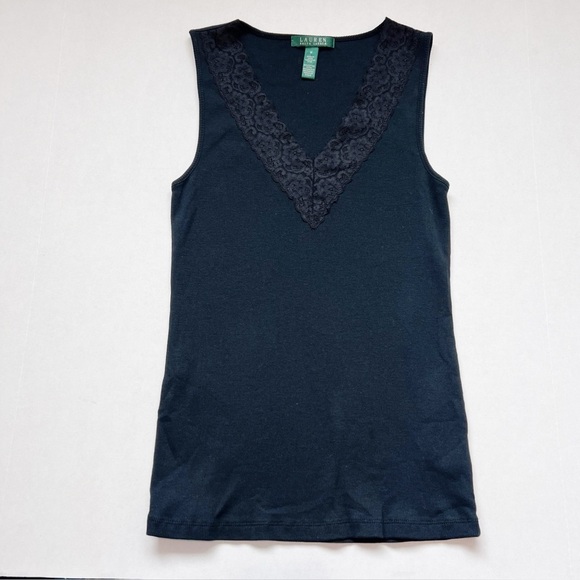 2/25 Lauren Ralph Lauren Black Lace v neck tank top sleeveless 90s vibes m - Picture 1 of 4